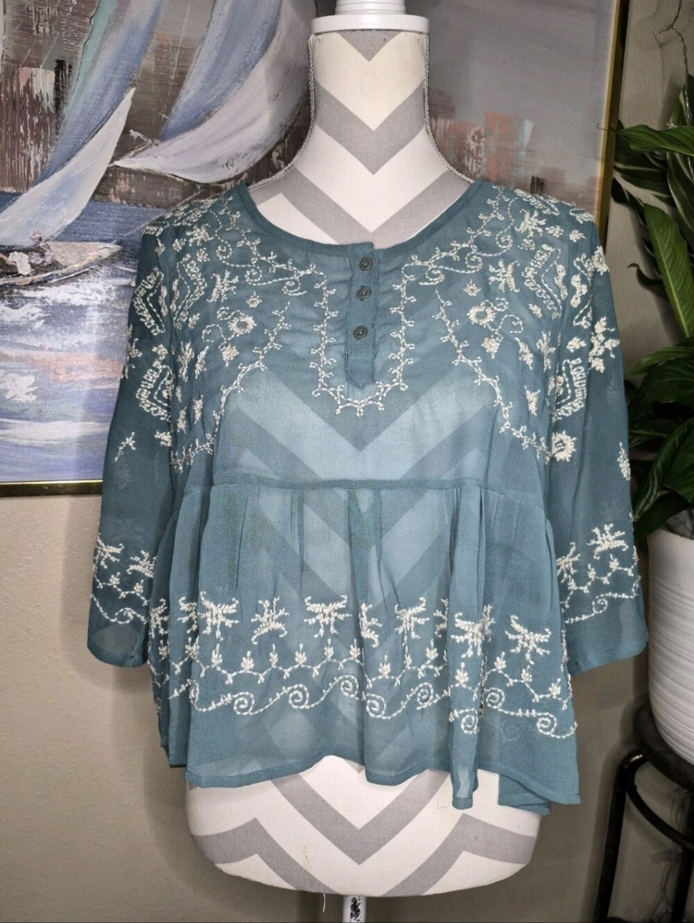 Free People Pennies Teal Sheer Floral Embroidered Top